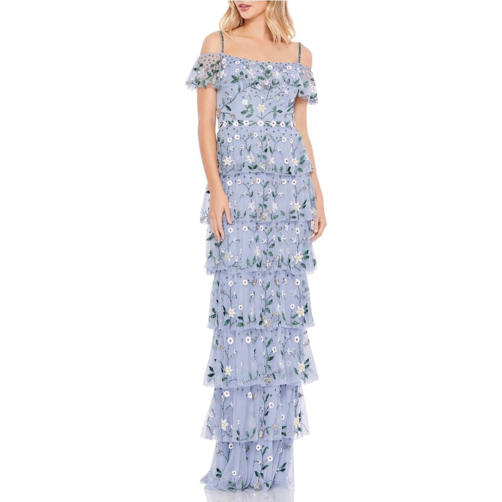 Mac Duggal Stunning Floral Beaded Tiered Chiffon Column Gown New With Tag